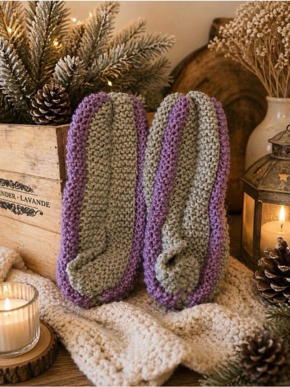 Handmade phentex Knit Slippers for Women — Lavender Trim